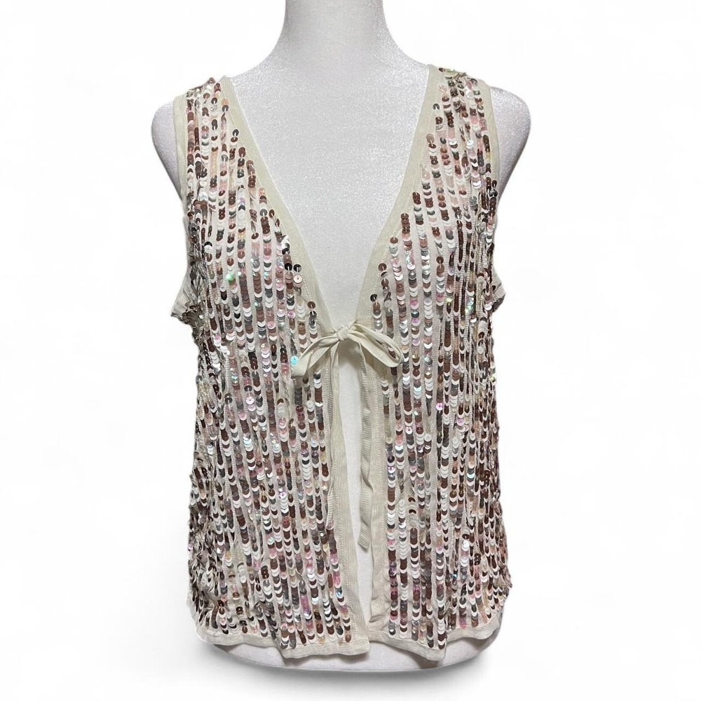 Y2K 2000s Willow Blossom Whimsical Cream Sequin Tie Vest Tank Top Women's M